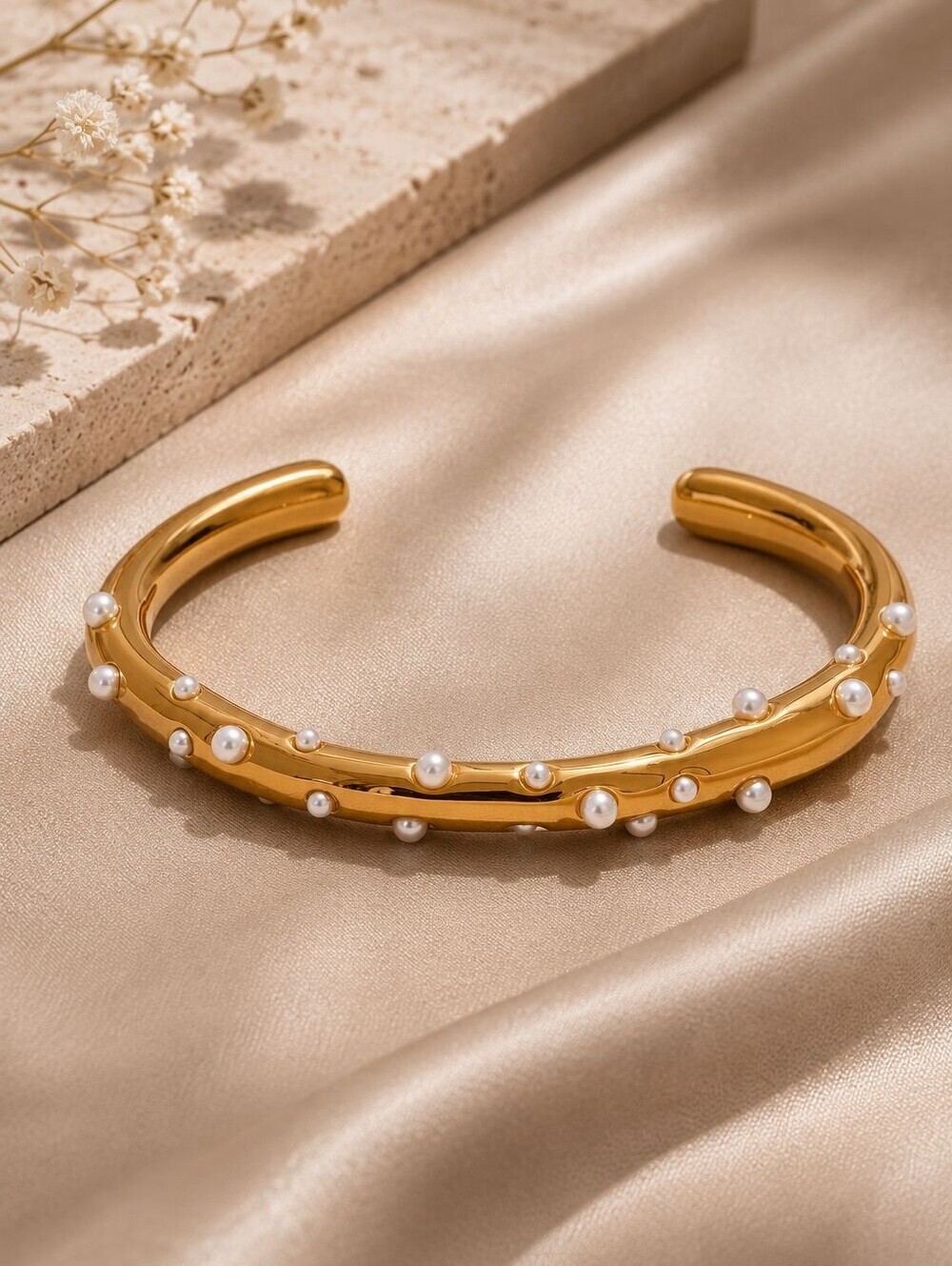 Gold Pearl Wave Cuff Bracelet